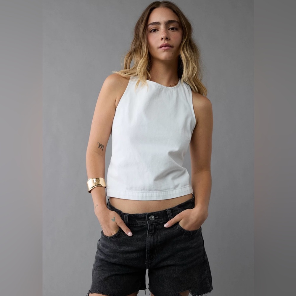 American Eagle Outfitters White Denim Tie Back Top